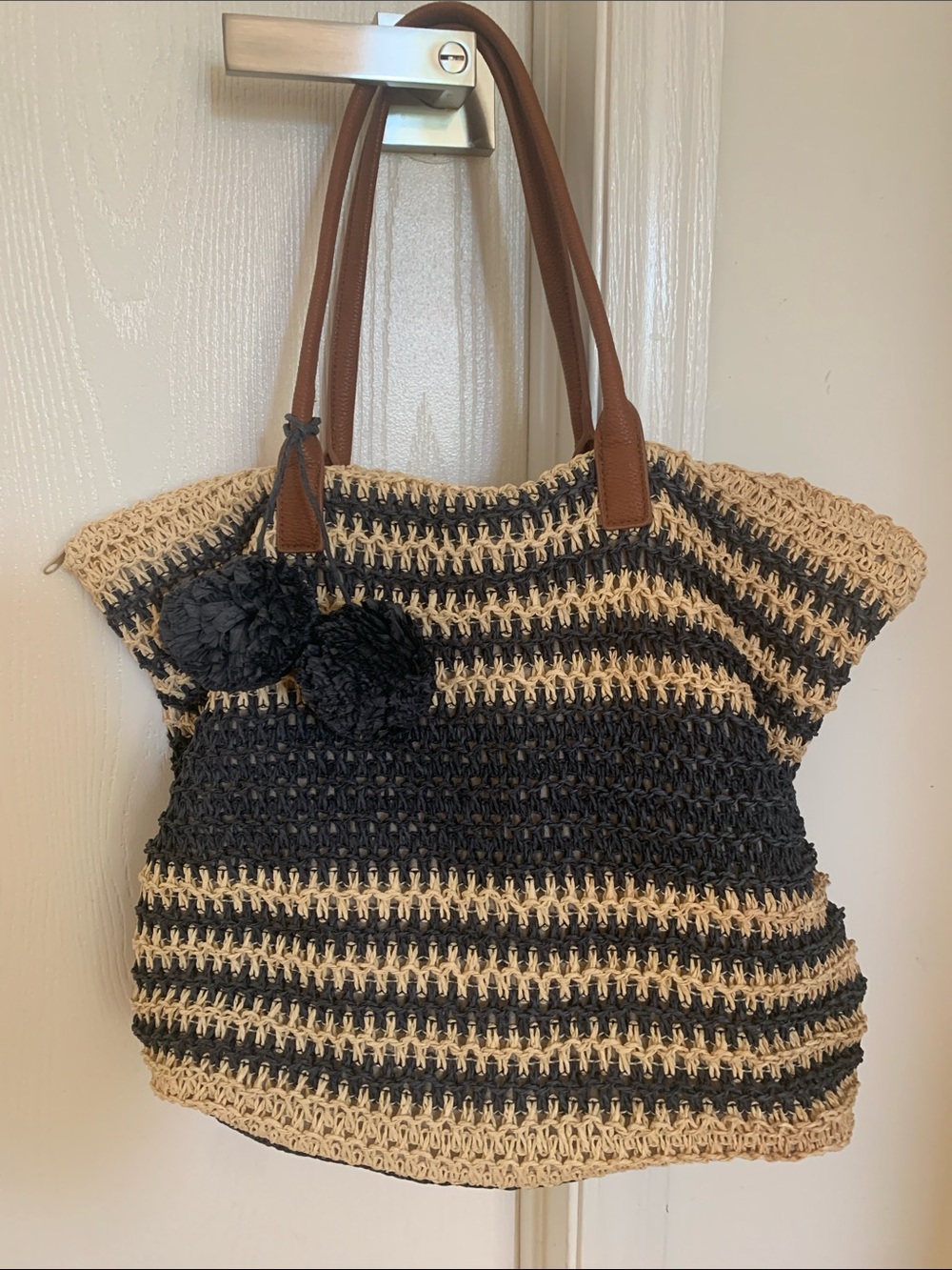 Woven Stripe Beach Tote Bag in Dark blue and Cream